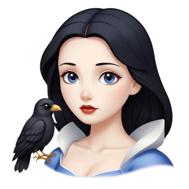 Cinematic Serene Snow White Portrait Emoji, rendered in a simplified vector style. Depict a gentle Snow White (chest and above) with flawless porcelain skin and flowing raven hair, her kind eyes and calm expression exuding a quiet, enchanting charm. The image glows softly with an inviting, pure light and is outlined with a subtle glow. sticker