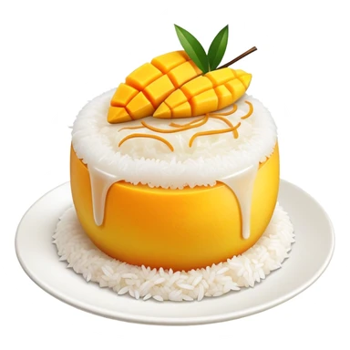 cinematic-realistic-mango-sticky-rice-dessert-emoji,-showcasing-sweet-sticky-rice out of a mould-paired-with-ripe-mango-slices-and-coconut-milk-rendered-with-lifelike-detail-and-warm,-inviting-lighting with the coconut  milk over the rice sticker