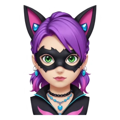 Girl with green eyes, wearing a bat mask with pink stones around her eyes, her hair tied in a ponytail, the hair is purple with blue and pink streaks, with black cat ears with pink stones around, wearing a black shirt that covers the neck, and a sleeveless blue jacket, and a necklace of pink stones sticker