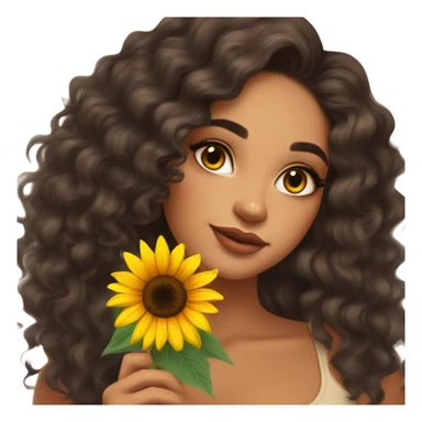 Pretty tan skin Latina with long dark curly hair . Very pretty cat eye makeup . Shes holding a sunflower in her hand  sticker