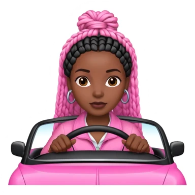 A dark-skinned Black woman with black box braids, driving a pink car sticker