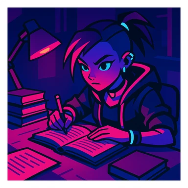 A girl preparing for exams, sitting at a desk with books and notes, looking focused and determined, in a cyberpunk neon style. sticker