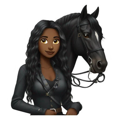 Pretty black equestrian woman long hair holding black stallion reins sticker