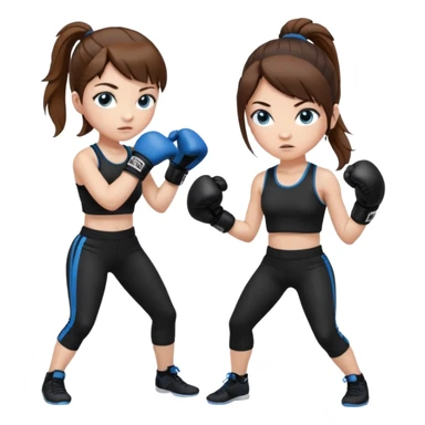 Девушка стоит в черных боксерских перчатках, в стойке, в черном спортивном топе и черных леггинсах, волосы каштановые, собраны в хвост, кожа белая глаза голубые  sticker