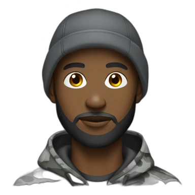 black man with a beard, gray camo hat, black pullover  hoodie sticker
