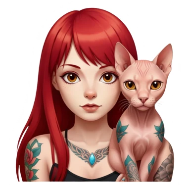 “A girl with long straight red hair and straight bangs, tattoos on her body, and a Sphynx sticker
