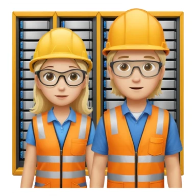Create a emoji of boy and girl(blond hair) pushing Data center rack servers. They wearing helmet, ear protection, safety glass, orange vest. Yellow drill and wrench on the ground and pockets. Coppers sticker