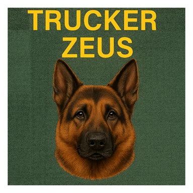 Change the words 'Trucker Zeus' to yellow, keep the realistic German Shepherd, and maintain a transparent background. The style is realistic with a focus on the German Shepherd and clear text in yellow. sticker