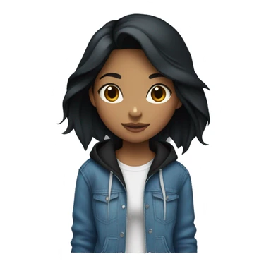 girl with black hair wearing blue baggy jeans and a black hoodie sticker