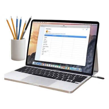 online booking system on MacBook screen next to an old-style paper notebook with a pen, both fully visible, no background, no cut-off edges sticker