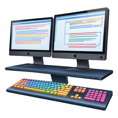 An icon featuring two large monitors filled with colorful code lines, symbolizing programming. The design includes a keyboard, terminal windows, and flowcharts in the background, representing software development, logic, and debugging. Transparent background sticker