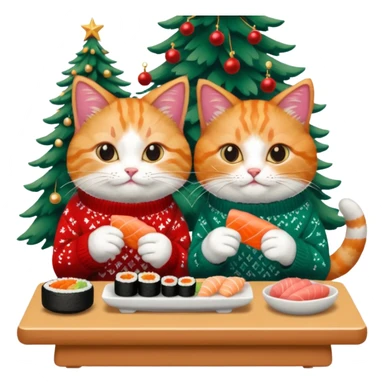 2 cats in christmas sweaters eating sushi sticker