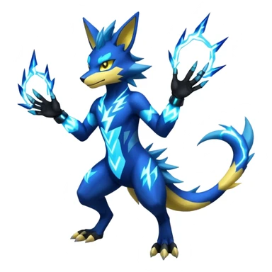 Cobalt-Blue Neon-Electric Bright-Glowing Lightning-Veined Zeraora-Luxray-Lucario-cyber-fusion-creature (full body) sticker