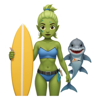 orc female holds a little surfboard with a shark painted vertically in his hands sticker