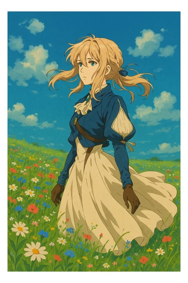 Violet Evergarden, standing in a field of flowers, wind blowing her hair and dress, cinematic anime illustration sticker