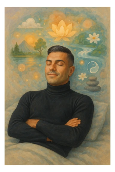 Un uomo sdraiato su un letto o una superficie fluttuante, con un'espressione serena e gli occhi chiusi. Attorno a lui, proiettate dalla sua mente, si materializzano immagini vivide di benessere e armonia: sticker