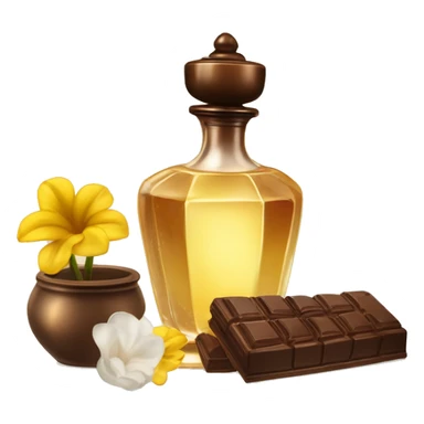 An antique perfume bottle with oil made of bronze and brown crystals, coconut cream and coffee milk flow, chocolate, yellow flowers of fragrant vanilla lie next to it sticker