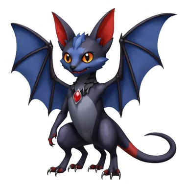 midnight blue-gray-black, with red markings, white belly, scaley vampiric batty bat-Bastet-Noivern-Noibat-Lykoi-Gatomon-Digimon-Fakémon-Pokémon-creature (full body) sticker