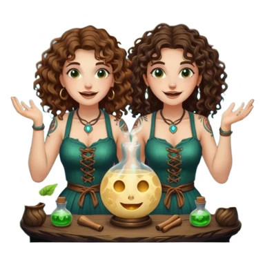 forest alchemist duo two women curly long hair tattooed and short brown hair mixing glowing moon potion together excited faces sticker