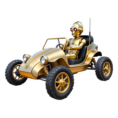  tarnished neon underglow C-3PO ghost buster 1964 delicately ornate rosegold wood accents painted Model-T dune buggy buckboard powered by electric motors and batteries with racing safety belts while flying rapidly roughening terrain stable on strong agile advanced suspension and steering sticker