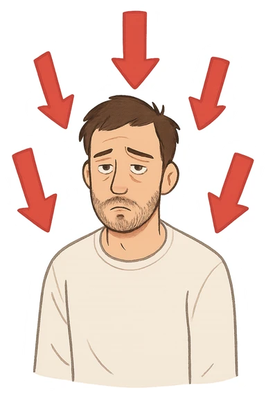  un uomo con espressione affaticata, circondato da frecce rosse in basso sticker