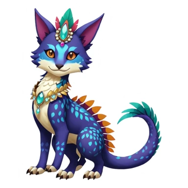 Kawaii cute dark deep colorful warm-colored exotic tropical beautiful pretty elegant divine edgy feline-vernid-sergal-Fakémon-Pokémon-fursona-animal-creature with accessories, jewelries, full body, with intricate detailed markings, feathers, crystals, fins, scales, headdress sticker