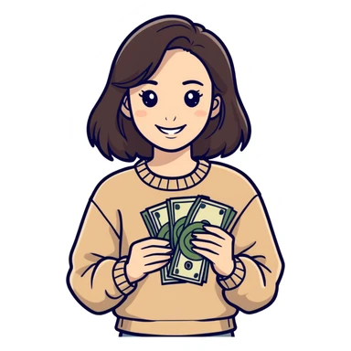 brunette girl in beige sweater happy with money in hands sticker