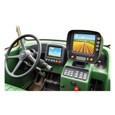 a view from the tractor cabin, with the dashboard in focus, overlooking a vibrant rural landscape. Inspired by Farming Simulator 22, the scene includes fields, crops, and distant barns under a bright sky. The design highlights the immersive experience of farm management. transparent background sticker
