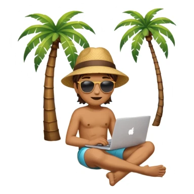 A gender-neutral emoji-style character (🧑‍💻) sitting with a laptop on the beach, next to a palm tree, with sun and ocean in the background. sticker
