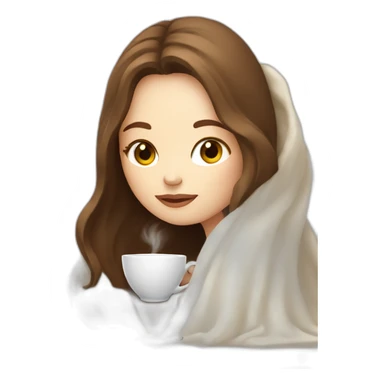 girl with pale skin and brown long hair inside a white blanket sipping coffee eyes closed behind a laptop sticker