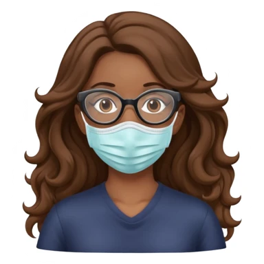 Long Wavy Brown haired woman with glasses wearing Covid  mask sticker