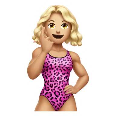 Tall blonde Caucasian muscular woman wrestler with pink big lips wearing a pink leopard print leotard blowing a kiss sticker