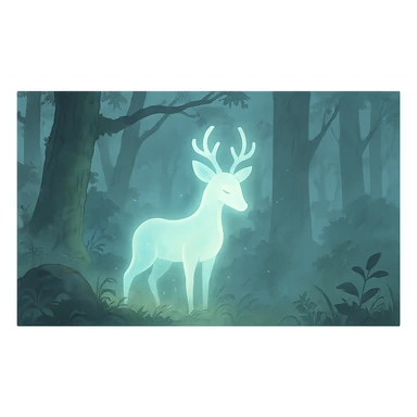 glowing animal-like forest spirit in a misty woodland, ethereal and gentle, ghibli style sticker
