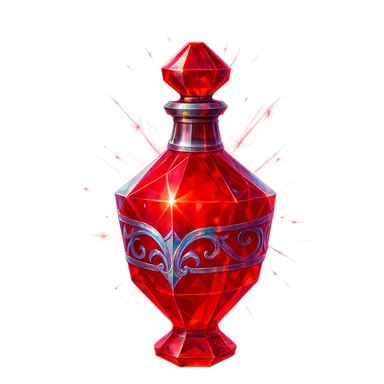 modernus prabangus eliksyro buteliukas, raudono kristalo forma, ryški raudona spalva, holografiniai ir sidabriniai ornamentai, stiprūs magiški švytėjimai ir efektai, labai mažas kaklelis, skaidrus fonas, vientisas dugnas, be šešėlio, plūduriuoja ore, kolekcijos stilius sticker