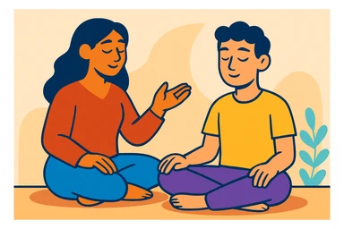 one on one guided meditation session, with a coach and a student, peaceful sticker