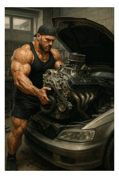 a muscular bodybuilder in gym attire stands next to a car with the hood open, lifting a large, shiny, high-performance engine with ease. His expression is focused and determined as he installs the new engine. The background is a modern garage, with tools and car parts scattered around, emphasizing strength and mechanical skill. sticker
