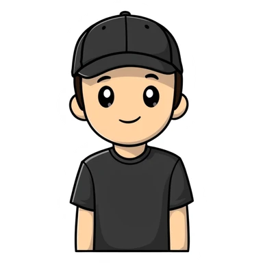 a white bro with brunette hair, wearing a black cap and a black shirt sticker