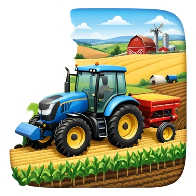An icon representing a farming simulator, with a detailed tractor plowing fields under a bright sky with rural landscape. The design includes farming tools, crops and barns, symbolizing the immersive experience of managing a farm. Transparent background. sticker