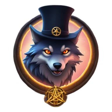 demonic wolf with a pentagram top hat and a pentagram chain with a haunting night background sticker