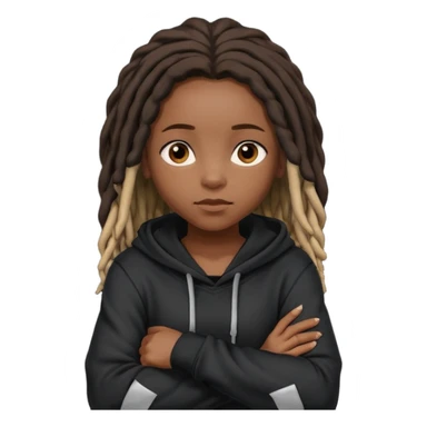 African American dark skin girl with shoulder length dreadlocks wearing a plain black hoodie with her arms folded across her chest sticker
