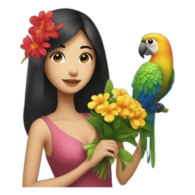 Asian girl with dark hair with a bouquet and parrot  sticker