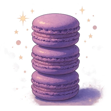 stack of purple macarons, dreamy lighting, whimsical and delicious, ghibli style sticker