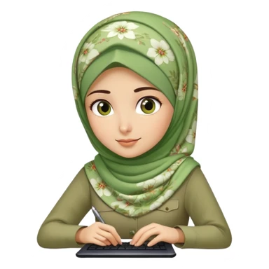 Turkish beautiful finish Konya girl green khaki hijab and light green floral dress and she work on office sticker