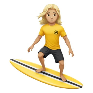 Man surfing on a yellow white board with long blond hair, yellow t-shirt with black Nike logo in center of chest, black baggy sweatpants. sticker