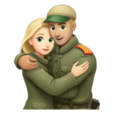 Russian soldier blond with blue eyes with a green military cap hugs a girl in a gray coat with brown hair and green eyes at the train station sticker