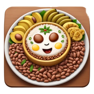 Cinematic Realistic Bandeja Paisa Dish Emoji, depicted as a hearty platter featuring beans, rice, meat, and plantains rendered with detailed textures and vibrant, robust lighting. sticker