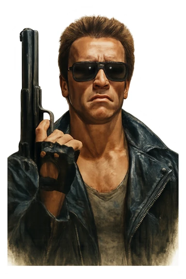 Terminator Arnold Schwarzenegger with sunglasses, holding a gun up, realistic painted style sticker