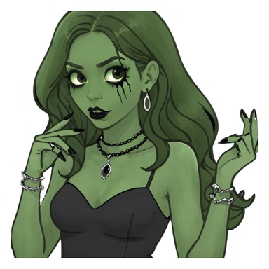 Girl with long wavy brown hair with a mini dress on, has long black nails, horror jewelry    sticker