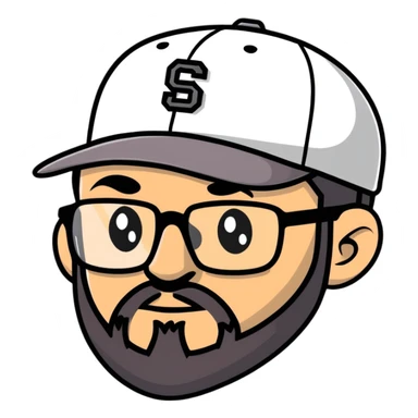 adventurer with goatee beard (no beard on cheeks), short hair, glasses and backwards baseball cap sticker