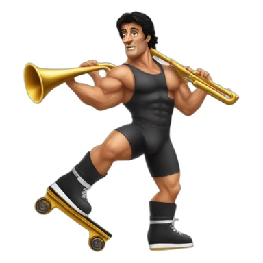 Sylvester Stallone Rambo mankini roller blades carrying a trombone sticker
